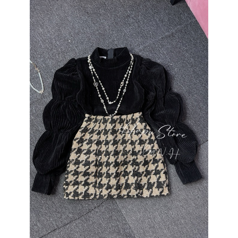 Set Áo Nhung Gân Tay Bồng Mix Chân Váy Dạ Kẻ Caro Chuẩn Hàng Cao Cấp Loại 1