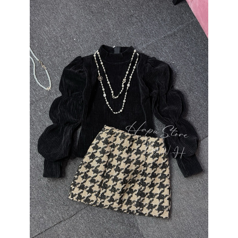 Set Áo Nhung Gân Tay Bồng Mix Chân Váy Dạ Kẻ Caro Chuẩn Hàng Cao Cấp Loại 1