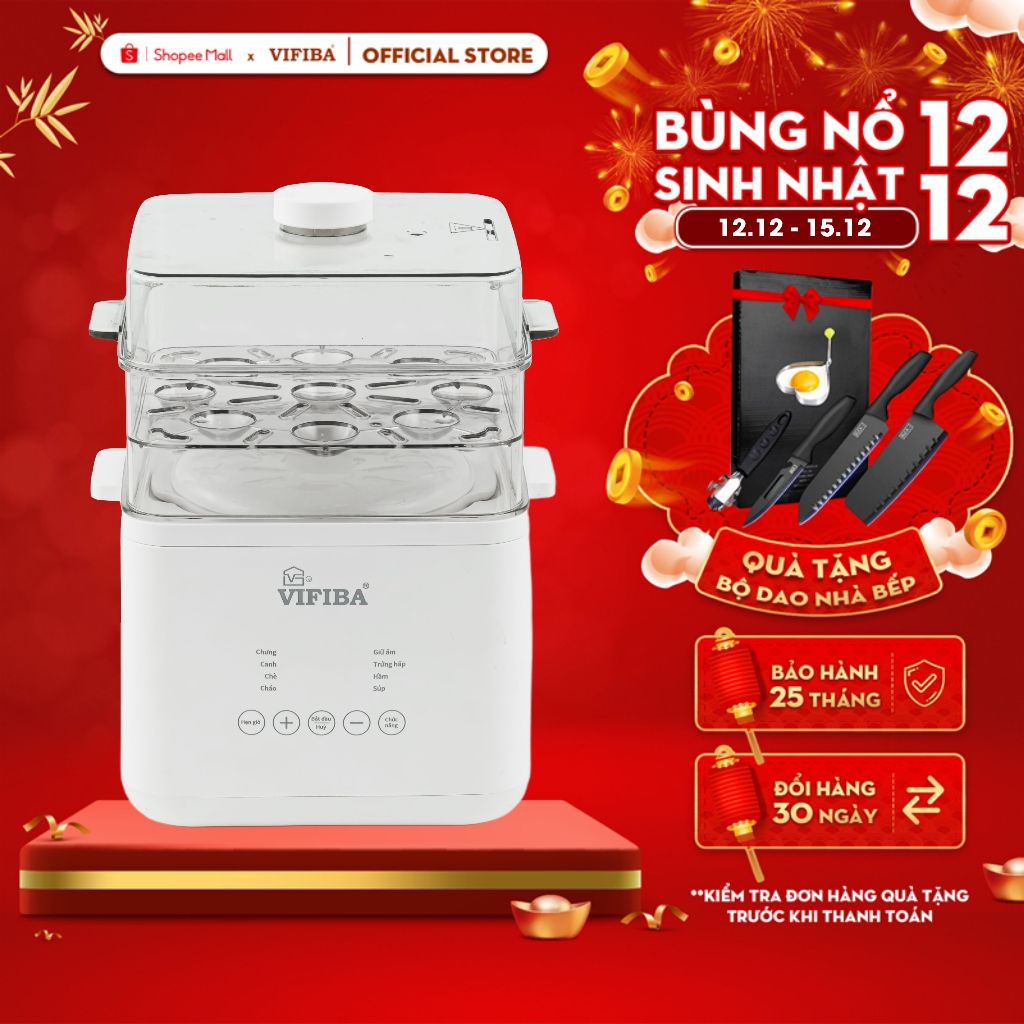 Nồi Nấu Chậm Đa Năng VIFIBA Kèm Hấp, 8 Chức Năng Nấu, Nồi Cho Bé Ăn Dặm, Nấu Cháo, Hầm, Hấp,....VE12