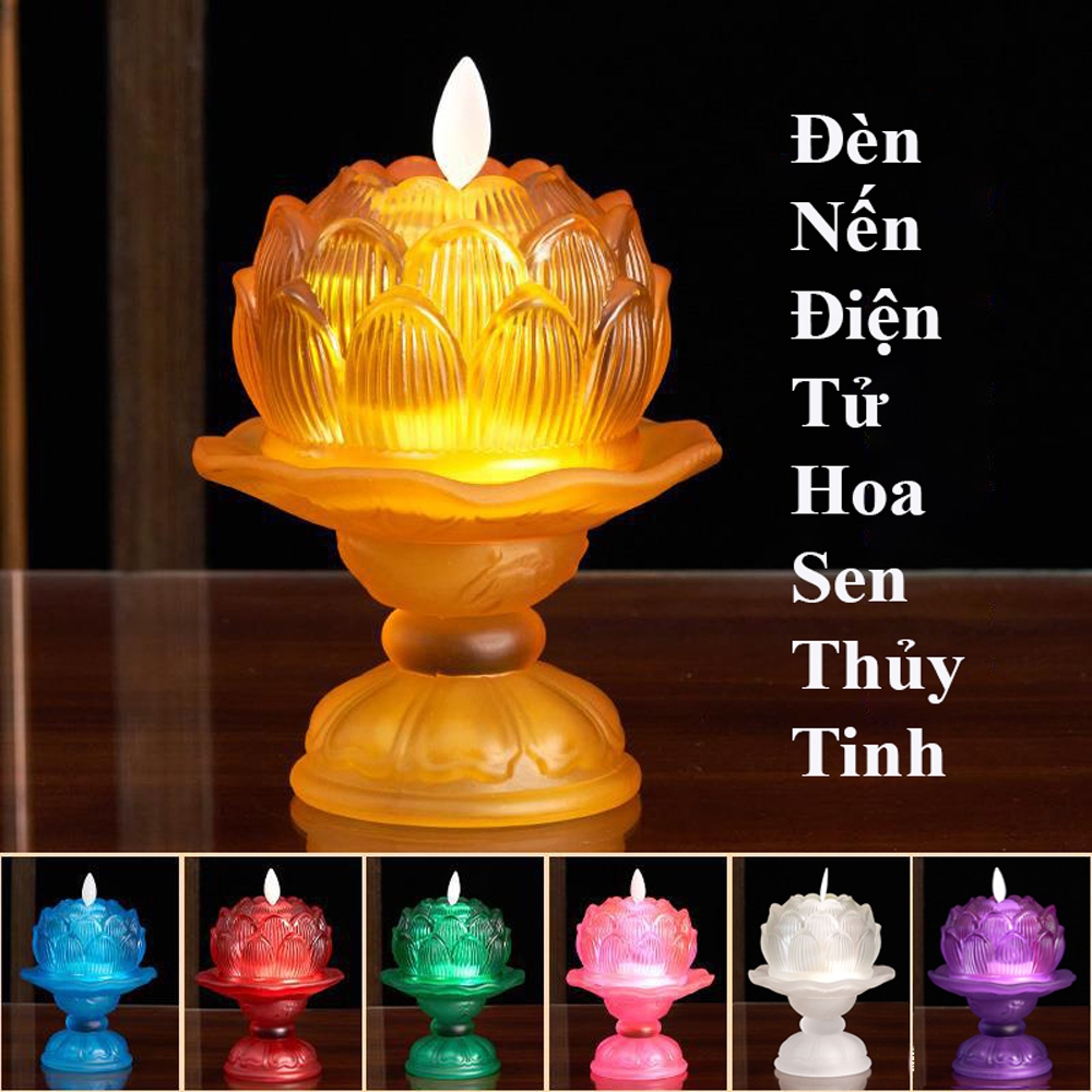 Đèn Nến Điện Tử Hoa Sen Thủy Tinh Nhiều Màu, Dùng Trang Trí Để Ban Thờ Cúng