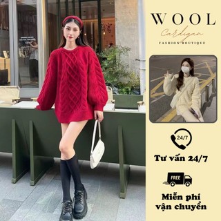  Áo len đỏ dài tay thiết kế vặn thừng phối đồ đi chơi noel tết Áo len nữ cổ tròn chất len dệt mềm mịn không bai nhão 