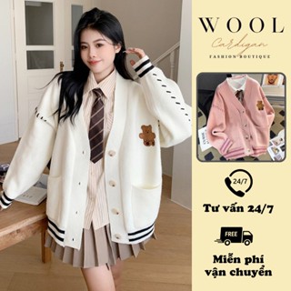 Áo cardigan nữ thêu gấu đan dây 2 tay hàng loại 1, Áo khoác cardigan chất len dệt mịn không xù lông bám bụi