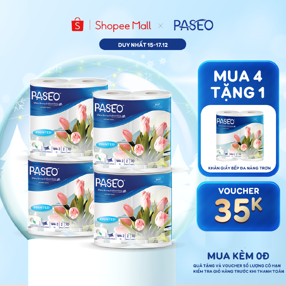 Combo 4 lốc giấy bếp đa năng cao cấp Paseo lau dầu mỡ, thấm hút nhanh, trơn/in hoa (2 cuộn 2 lớp 70 tờ)/lốc