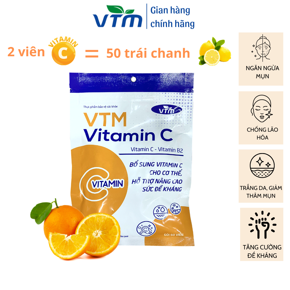 Viên uống VTM Vitamin C bổ sung vitamin C, sáng da, mờ thâm, tăng cường đề kháng - gói 60 viên