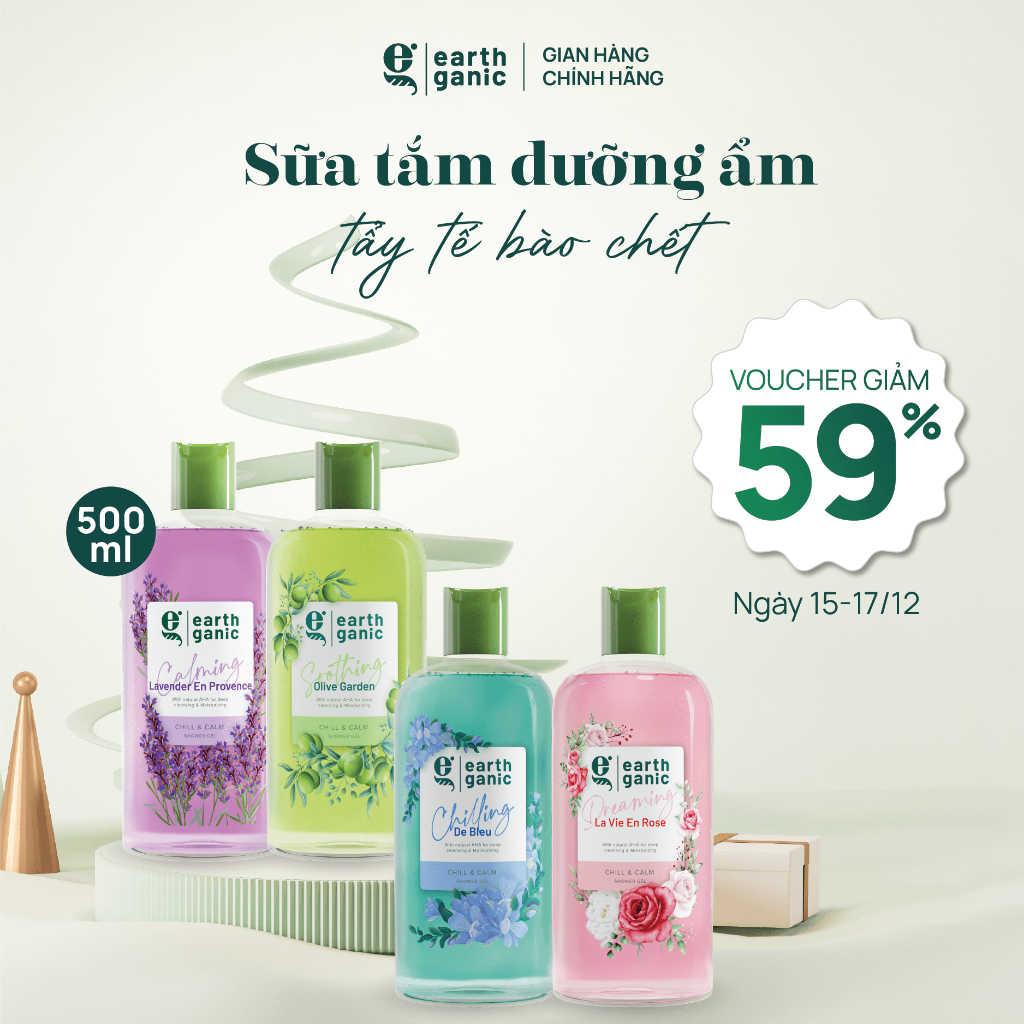 Combo tiết kiệm làm sạch sâu 500ml - Bộ đôi sữa tắm trắng da Earthganic tẩy tế bào chết thơm lâu, thành phần thiên nhiên