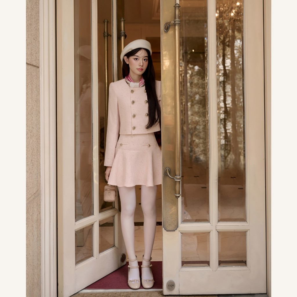 Set áo kiểu nữ dạ Tweed dài tay đính cúc kim loại, chân váy xoè Linly Store