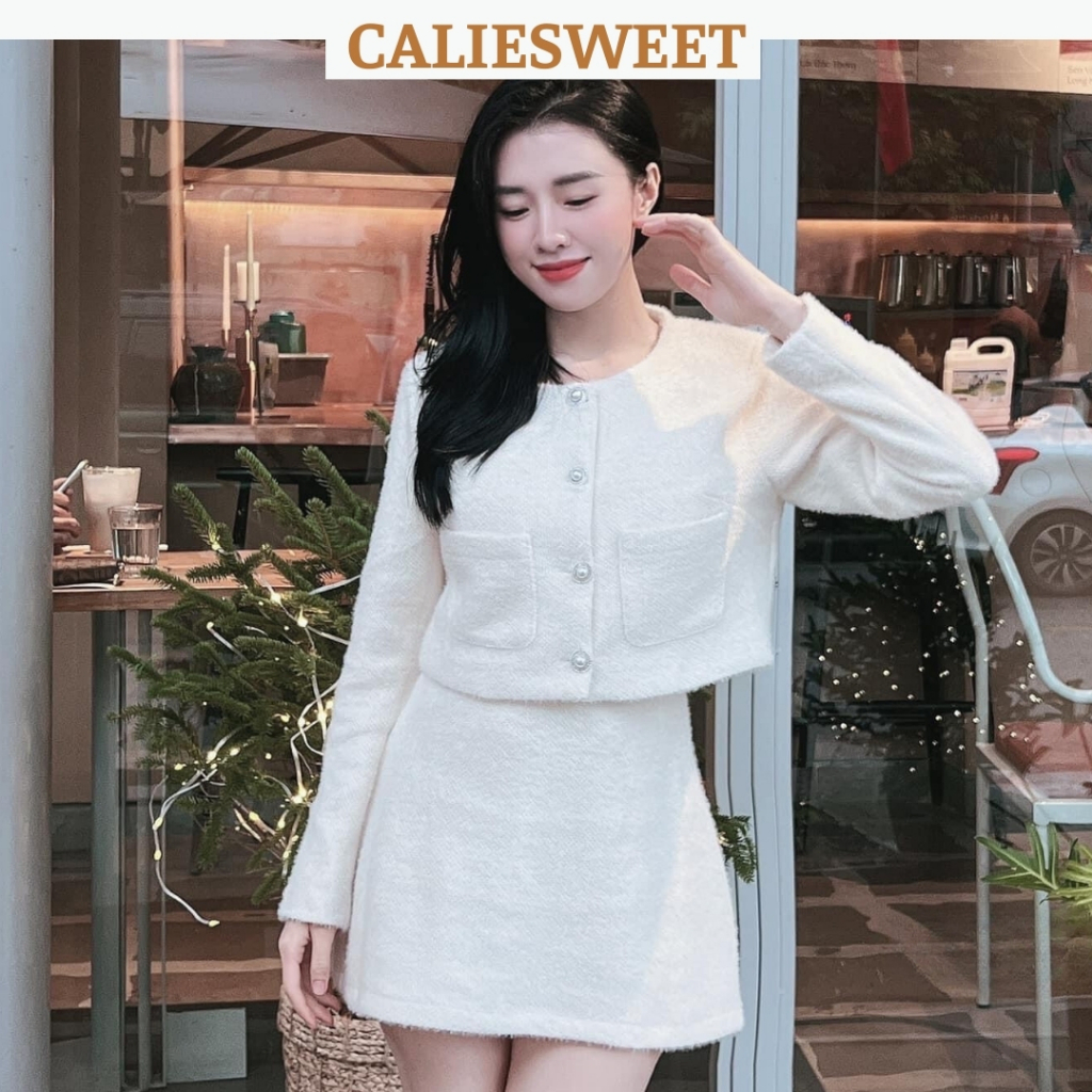 Caliesweet - Set dạ tiểu thư set dạ dài tay kèm chân váy chữ a chất dạ lông cao cấp LCS0055S