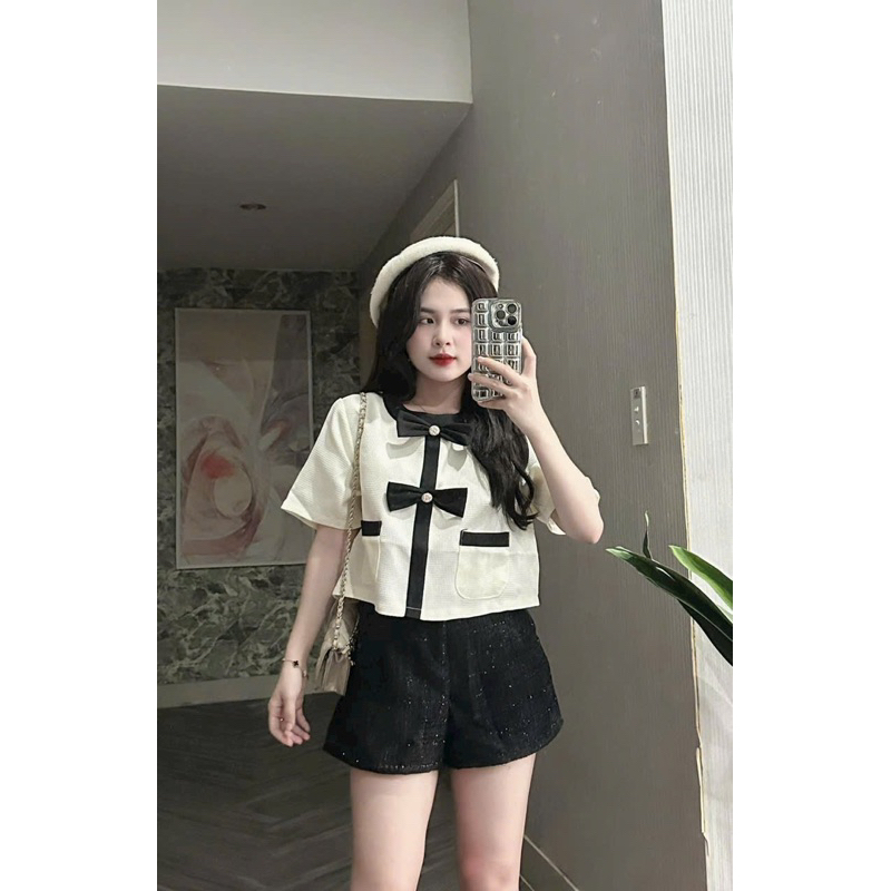 Set áo croptop dạ tag nơ đen short dạ đen