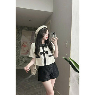 Set áo croptop dạ tag nơ đen short dạ đen