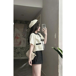 Set áo croptop dạ tag nơ đen short dạ đen
