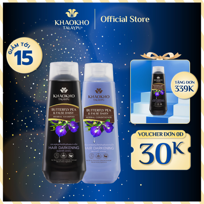Combo gội xả thảo dược Khaokho Talaypu dành cho tóc bạc, làm đen, dày tóc và kích thích mọc tóc Hoa Đậu Biếc 185ml/330ml
