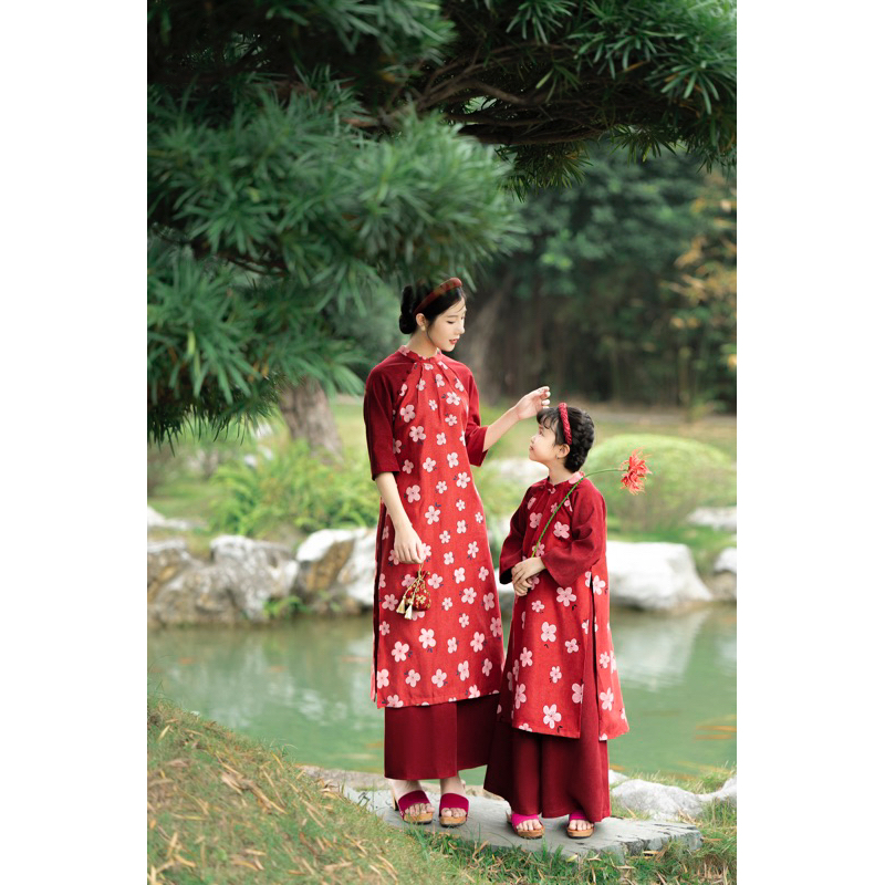 Set áo dài hoa đào mẹ & bé ( Có bán riêng )