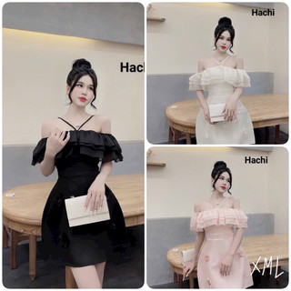 Váy trễ vai bèo 3 tầng dây chéo cổ chất tafta đính hoa siêu yêu ( CÓ MÚT và LÓT QUẦN TRONG)