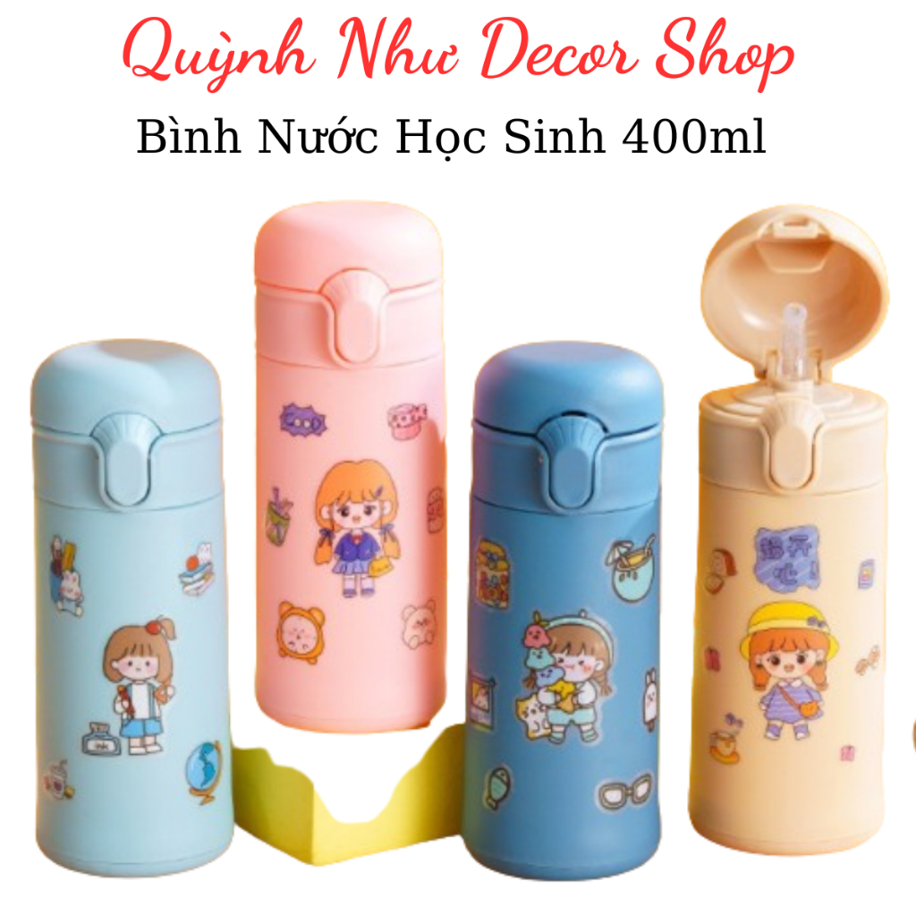 Bình nước giữ nhiệt 400ml có ống hút tặng kèm Sticker chất liệu lõi thủy tinh bọc nhựa cách nhiệt BN23,biền,đẹp,an toàn