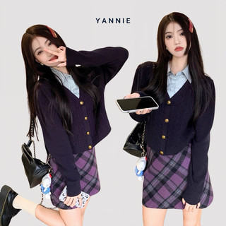 Set áo khoác len cardigan dệt kim dáng ngắn crop + chân váy chữ A kẻ caro ulzzang Hàn Quốc Yannie