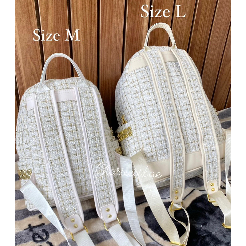 TWEED BACKPACK TRẮNG  - BALO DẠ TWEED KÈM MÓC KHOÁ DA HÌNH CÚN