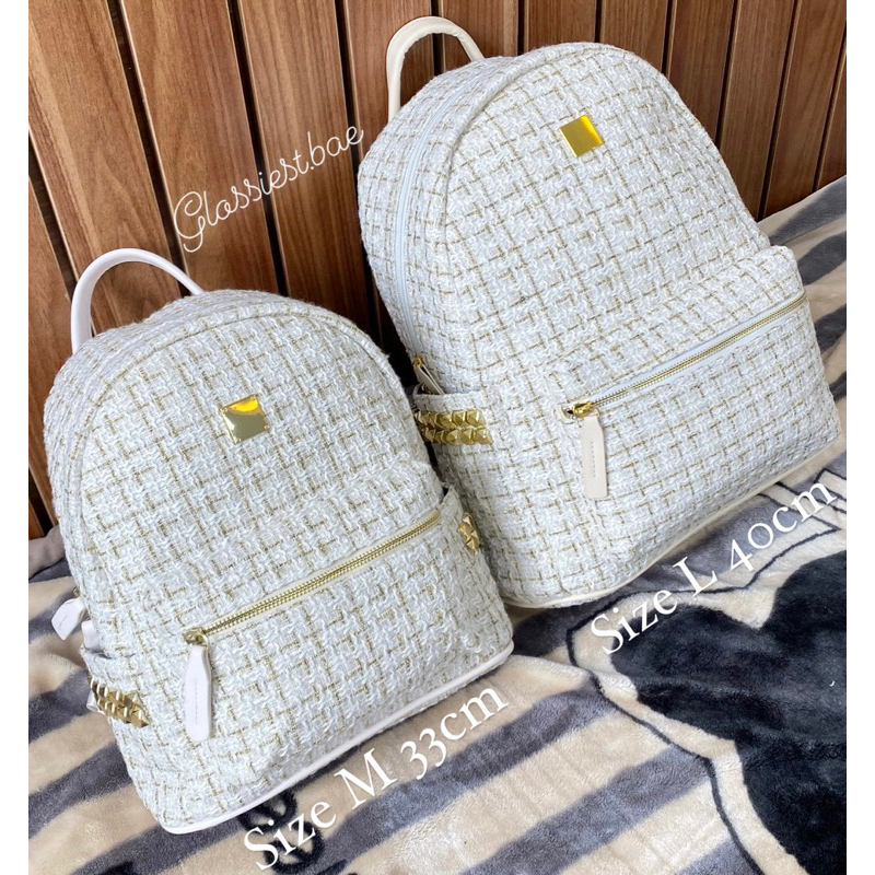 TWEED BACKPACK TRẮNG  - BALO DẠ TWEED KÈM MÓC KHOÁ DA HÌNH CÚN