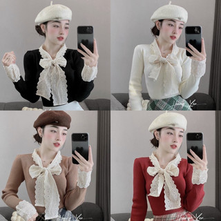 Áo len phối ren cổ thắt nơ tay loe