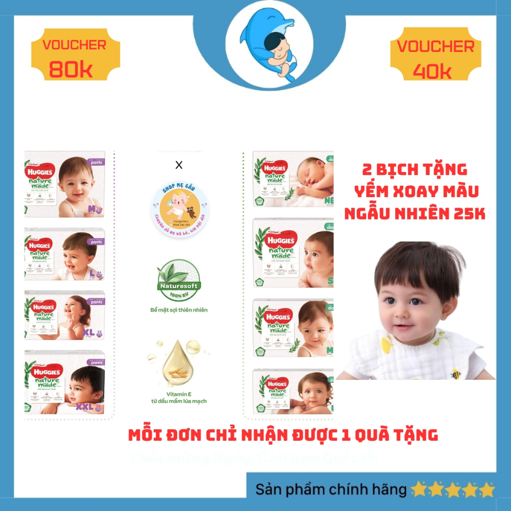 Bỉm dán/quần Huggies Nature Made đủ size cho bé NB60/S82/M64/L54/XL44/M58/L44/XL38/2XL24