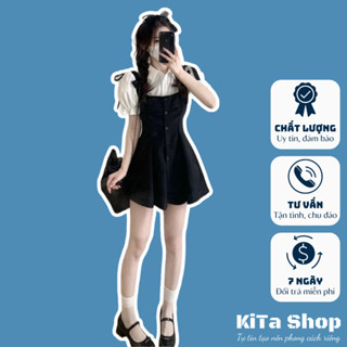  Set đầm giả yếm thắt nơ kèm sơ mi trắng KiTa Shop tay phồng phong cách Hàn Quốc trẻ trung năng động 