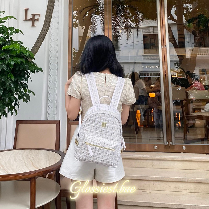 TWEED BACKPACK TRẮNG  - BALO DẠ TWEED KÈM MÓC KHOÁ DA HÌNH CÚN