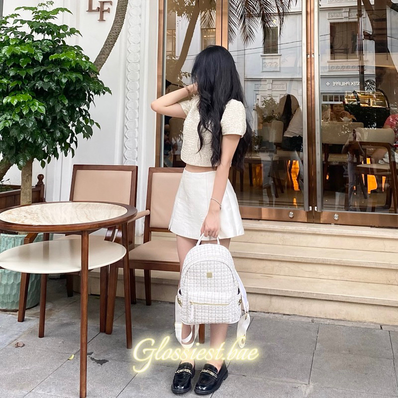 TWEED BACKPACK TRẮNG  - BALO DẠ TWEED KÈM MÓC KHOÁ DA HÌNH CÚN