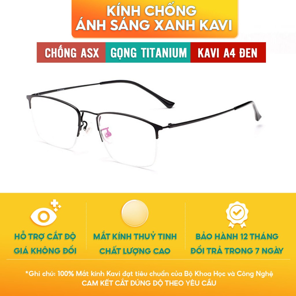 Kính Chống Ánh Sáng Xanh Gọng Titanium Cao Cấp Kavi A4 Đen, Tròng Kính Siêu Trơn Chống Bám Nước Và Bụi