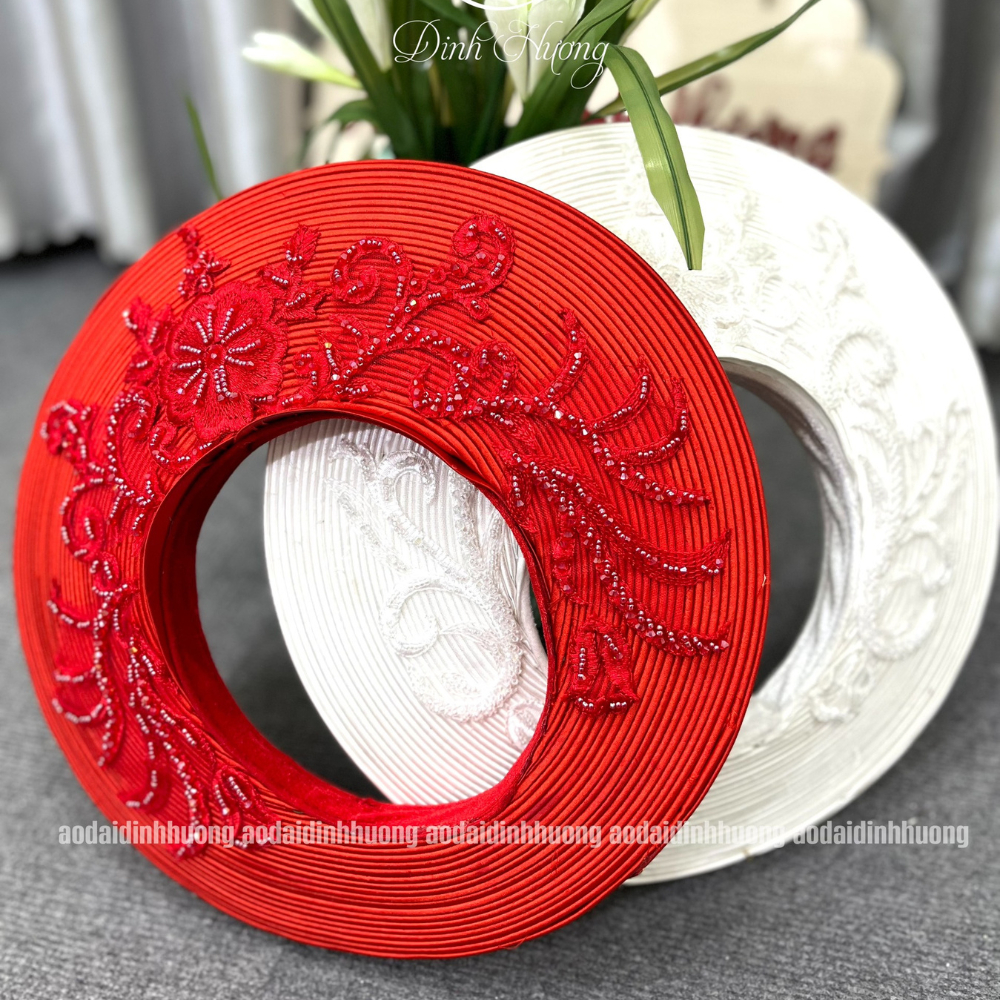 Khăn xếp nữ cô dâu 30 vòng Áo Dài Đinh Hương đính kết ren hoa, mấn nữ