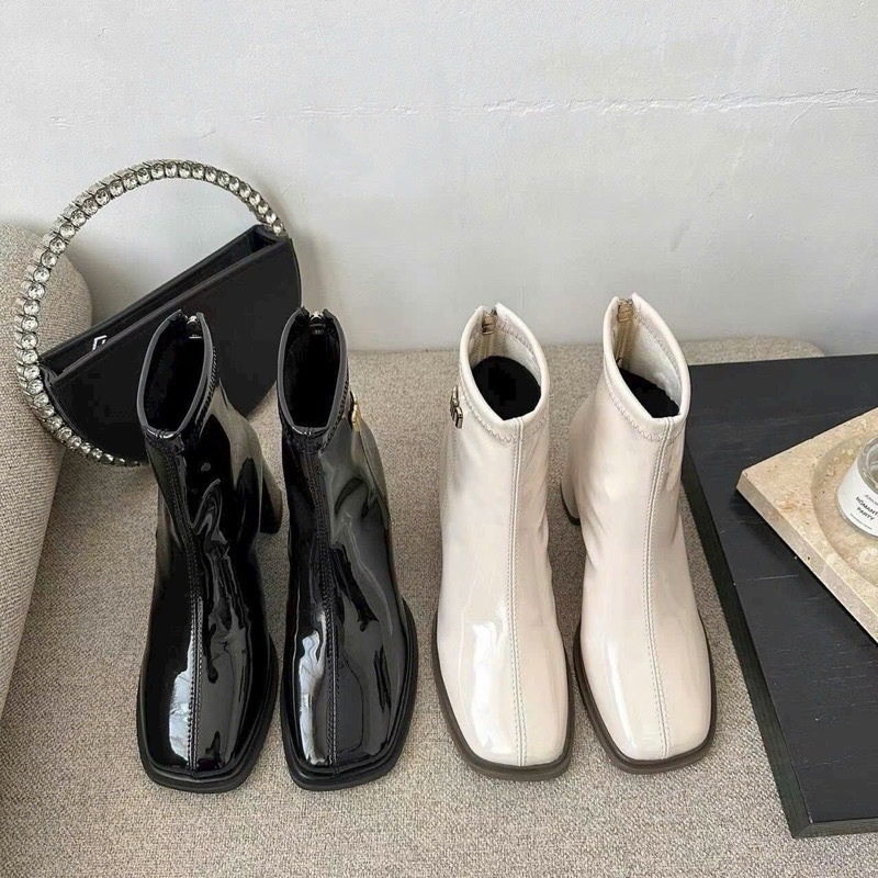 Bốt cổ lửng MIU kiểu dáng công sở da bóng đế cao 7cm hàng QC thời trang cao cấp