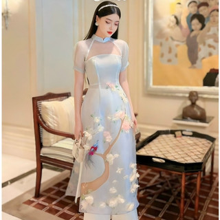 ÁO DÀI XANH PHỐI LƯỚI HOA TRẮNG SONG ĐIỂU CAO CẤP ( KÈM QUẦN )