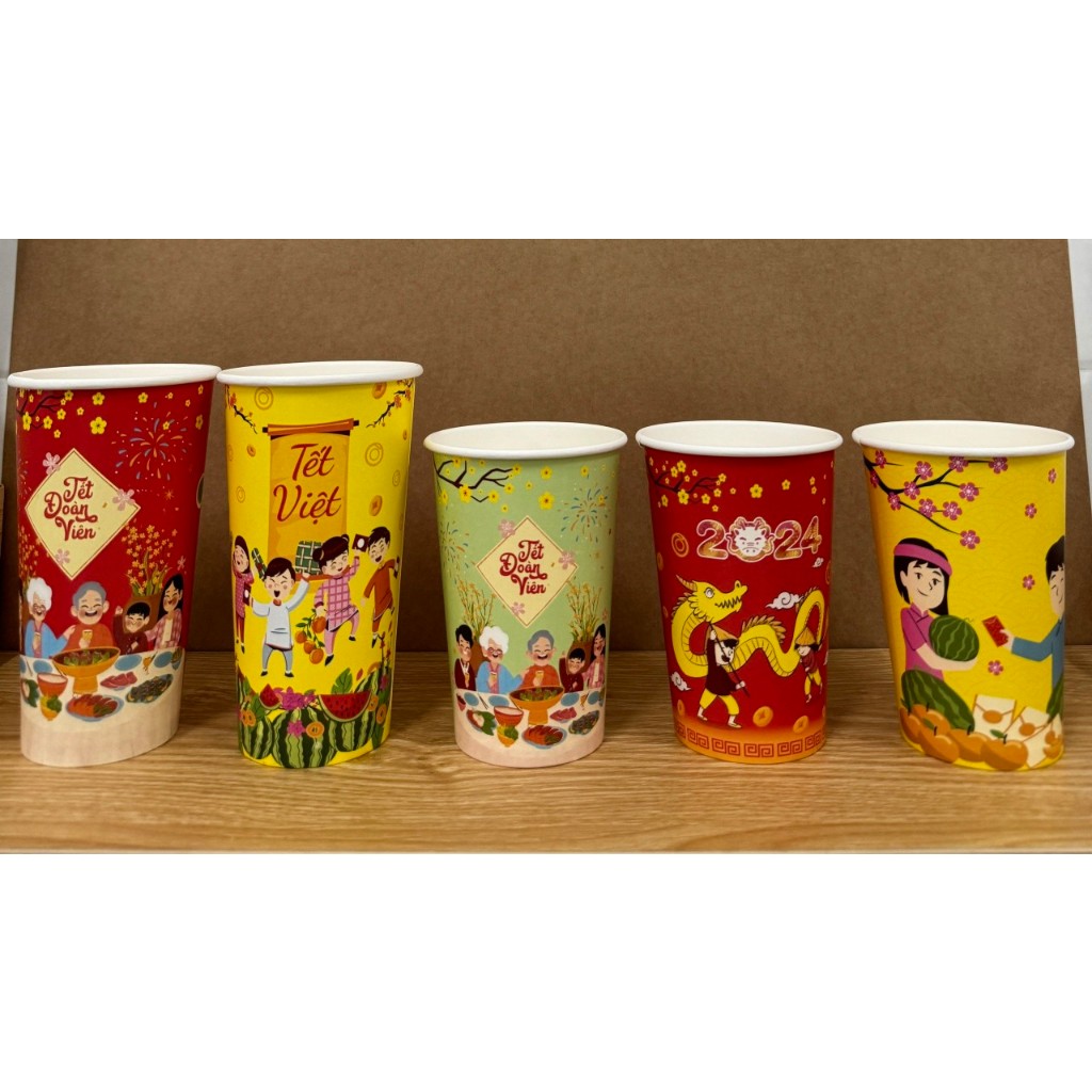 Ly giấy Tết, Ly giấy Xuân 2024, Ly 22oz - 650ml, Set 100 cái kèm nắp, Tết Đỏ