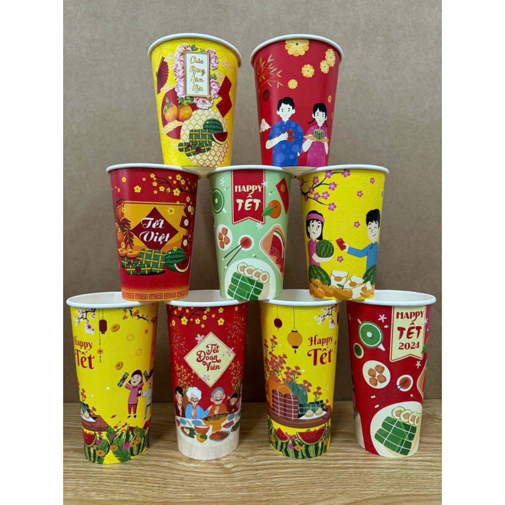 Ly giấy Tết, Ly giấy Xuân 2024, Ly 22oz - 650ml, Set 100 cái kèm nắp, Tết Đỏ