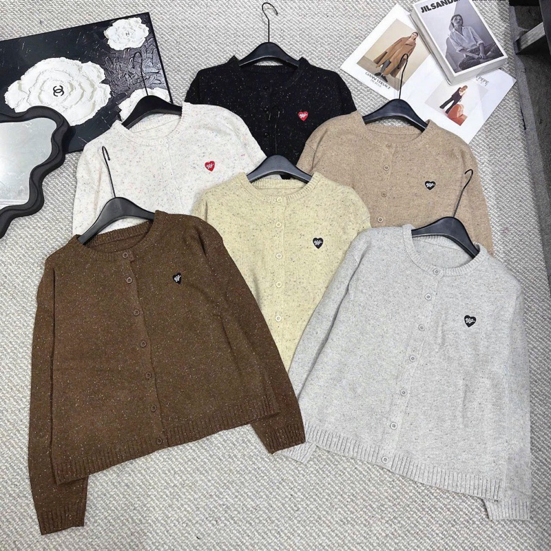 Áo len muối tiêu tay dài cổ tròn dáng rộng cài khuy vintage nhiều màu