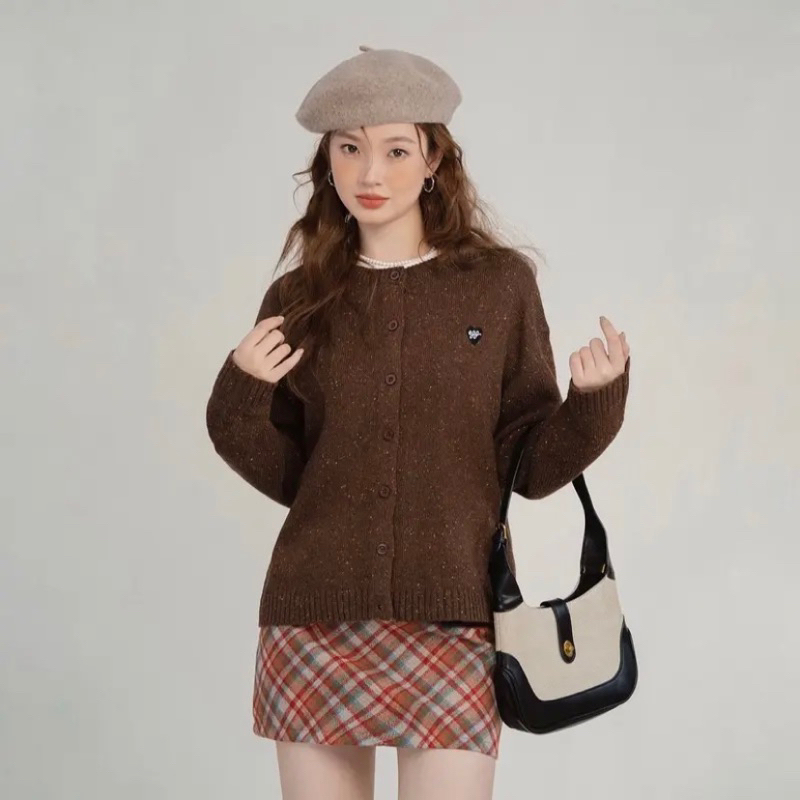 Áo len muối tiêu tay dài cổ tròn dáng rộng cài khuy vintage nhiều màu