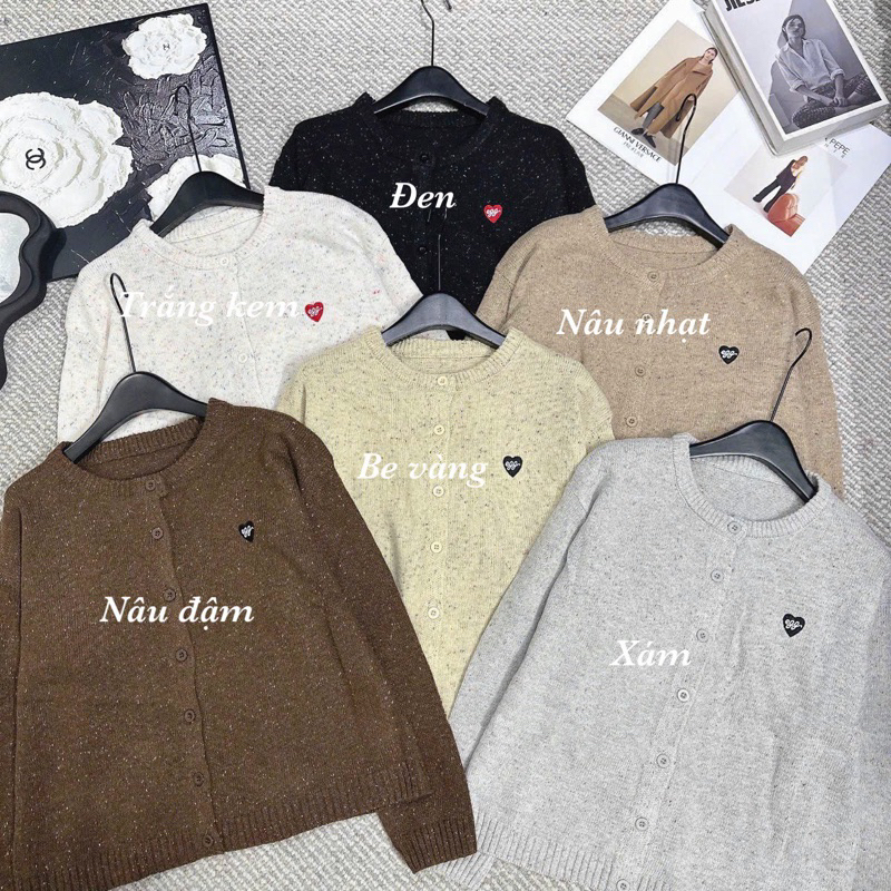 Áo len muối tiêu tay dài cổ tròn dáng rộng cài khuy vintage nhiều màu