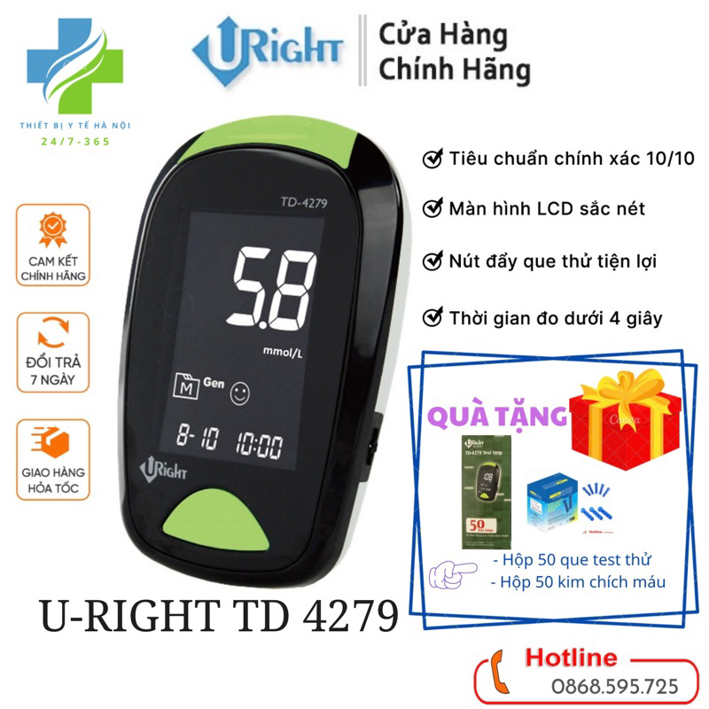 Máy đo đường huyết URight TD-4279 + Tặng Kèm hộp 50 que test thử + 50 Kim chích máu )