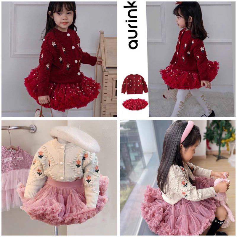 Set áo len đỏ chân váy tutu 90-130