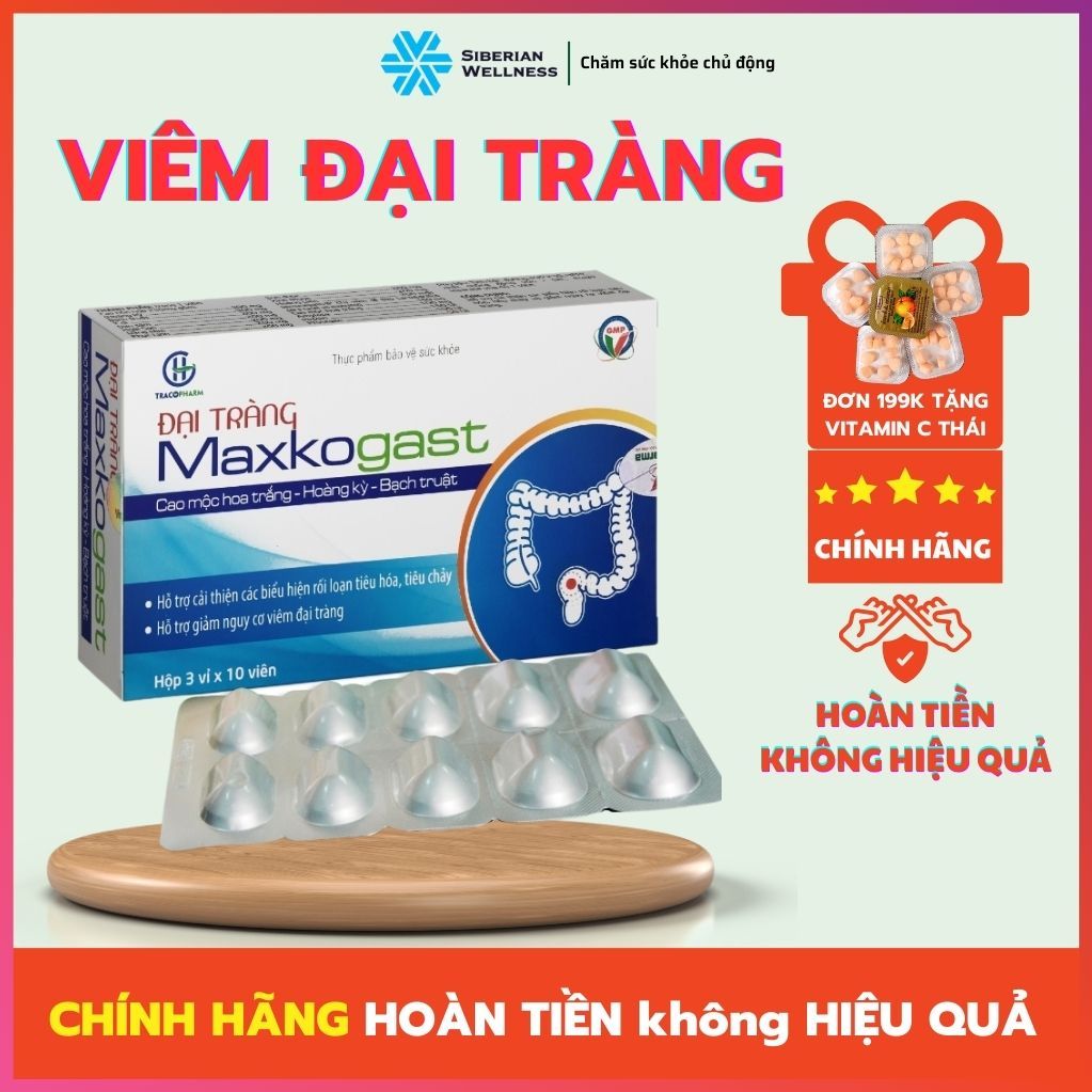 Viêm đại tràng, viêm đại tràng co thắt Maxkogast thảo dược giảm viêm đại tràng, rối loạn tiêu hóa, hộp 30 viên