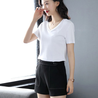 Áo phông nữ cộc tay cổ tim chữ V thun tay ngắn trơn form rộng co giãn