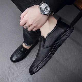 Giày lười nam da E3 đế cao su màu Đen