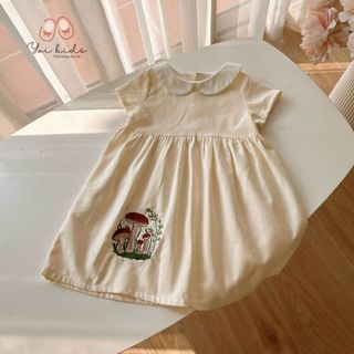 Đầm bé gái linen cổ sen thêu nấm Yoikids size 9-26kg màu kem