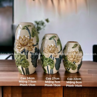 Bình hoa dáng bom khắc nổi sen cá lọ hoa decor trang trí gốm sứ bát tràng
