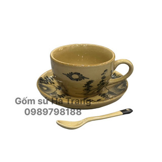Bộ tách cafe capuchino 250ml cốc tách đĩa đựng cốc cafe tách cafe tách trà gốm sứ Bát Tràng men dong vẽ sơn thuỷ