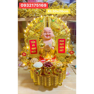 Tháp tỏi ngũ đậu Di Lặc quạt vàng có đèn size đại