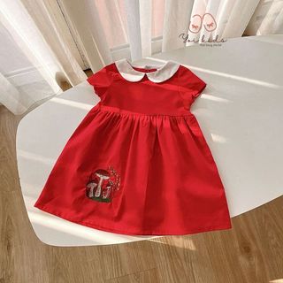 Đầm bé gái linen cổ sen thêu nấm Yoikids size 9-26kg màu đỏ