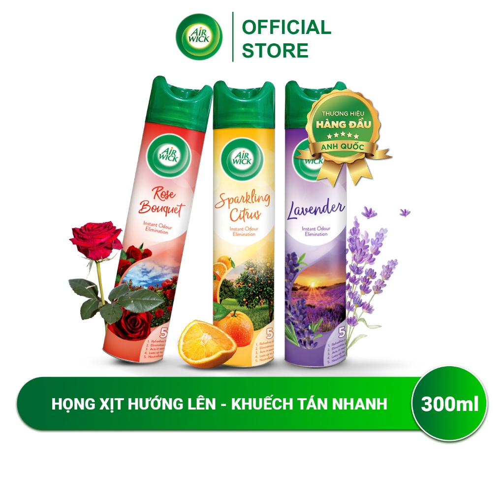 Chai xịt phòng thơm lâu Air Wick, công thức độc đáo khử mùi khó chịu, họng xịt hướng lên giúp khuếch tán nhanh, 300ml