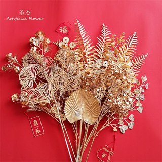 Cành lá rẻ quạt, BẠCH QUẢ, cành lá cọ , bạch đàn giả phủ vàng mix đào đông siêu đẹp