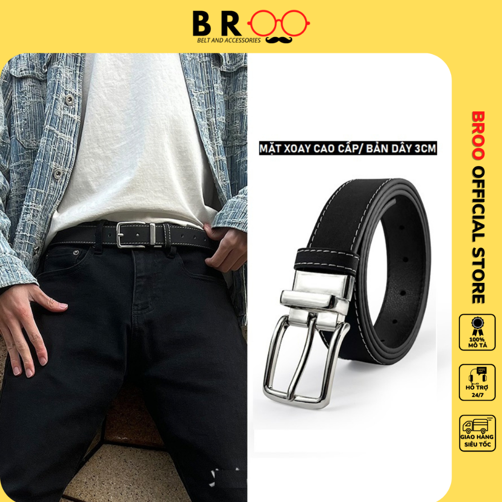 Thắt lưng nam mặt xoay màu bạc BROO chất da cao cấp phong cách đơn giản bản 3cm lỗi 1 đổi 1
