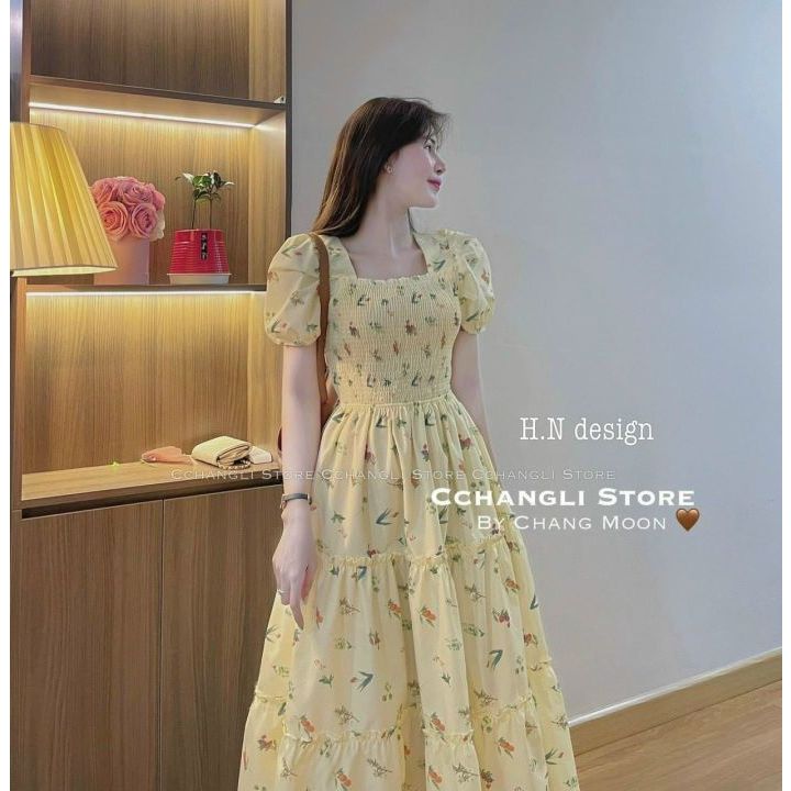Đầm lụa hoa nhí tay pồng
