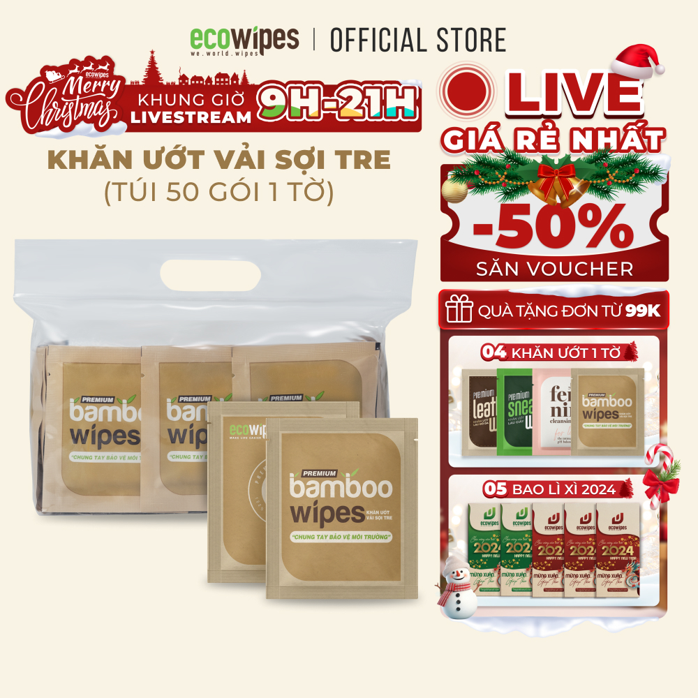 Combo 50 gói khăn giấy ướt cao cấp vải tre sinh thái kháng khuẩn EcoBamboo EcoWipes travel size Premium gói 1 tờ